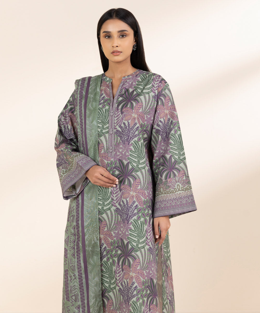 Unstitched Women's Embroidered Lawn Green Shirt Dupatta