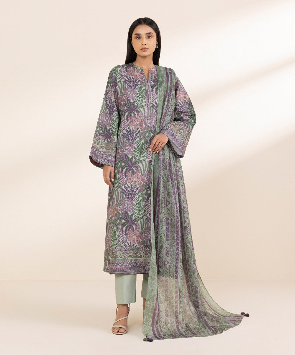 Unstitched Women's Embroidered Lawn Green Shirt Dupatta
