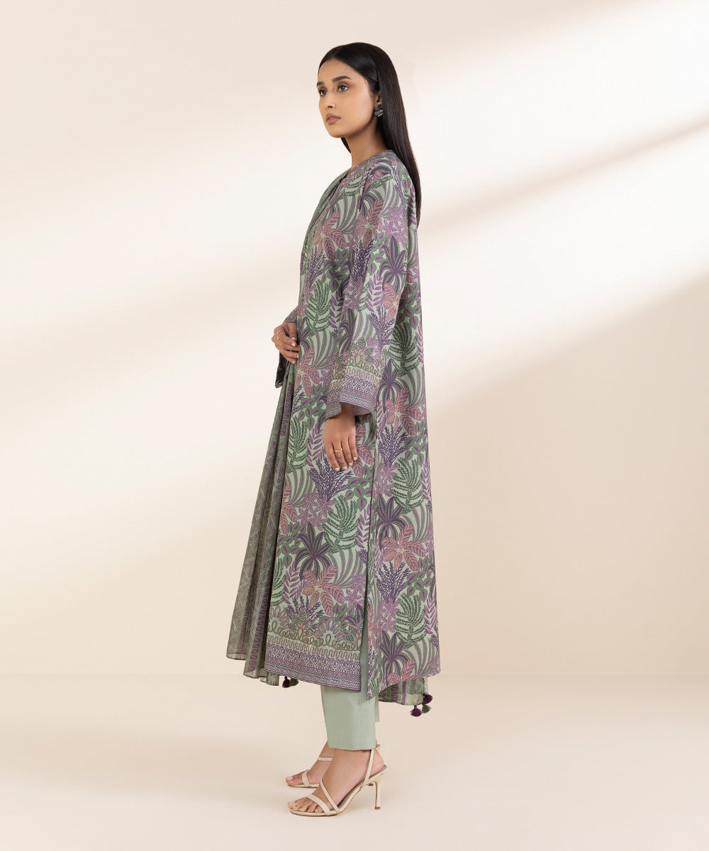 Unstitched Women's Embroidered Lawn Green Shirt Dupatta