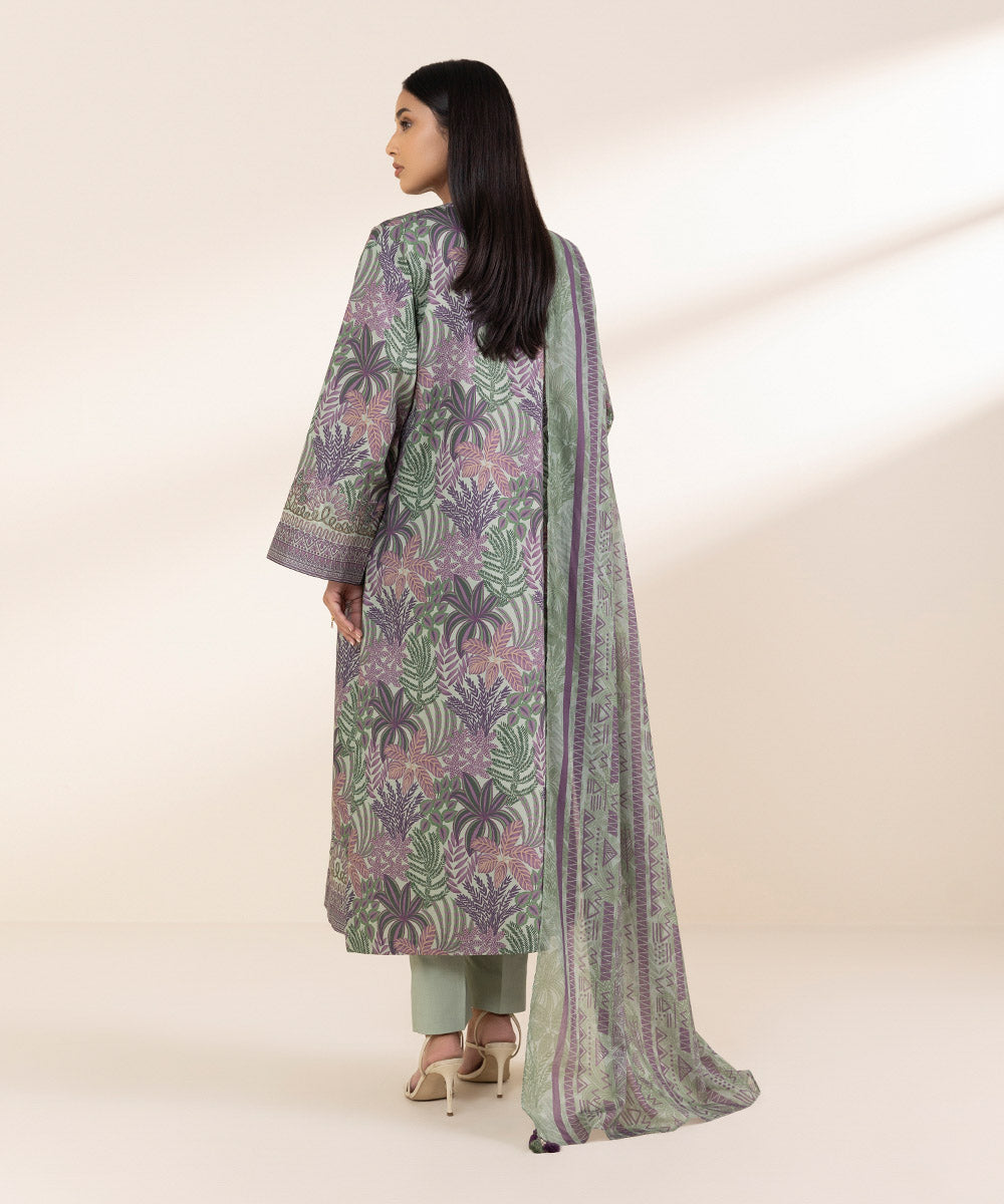 Unstitched Women's Embroidered Lawn Green Shirt Dupatta