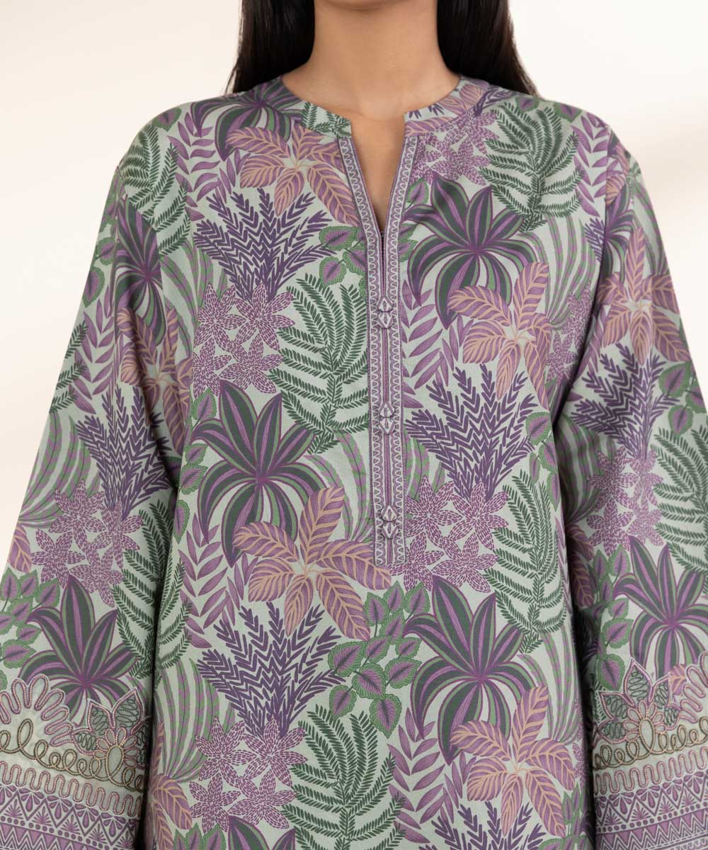 Unstitched Women's Embroidered Lawn Green Shirt Dupatta