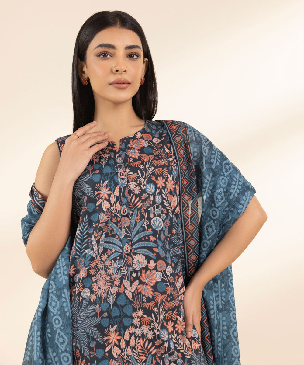 Unstitched Women's Embroidered Lawn Blue Shirt Dupatta