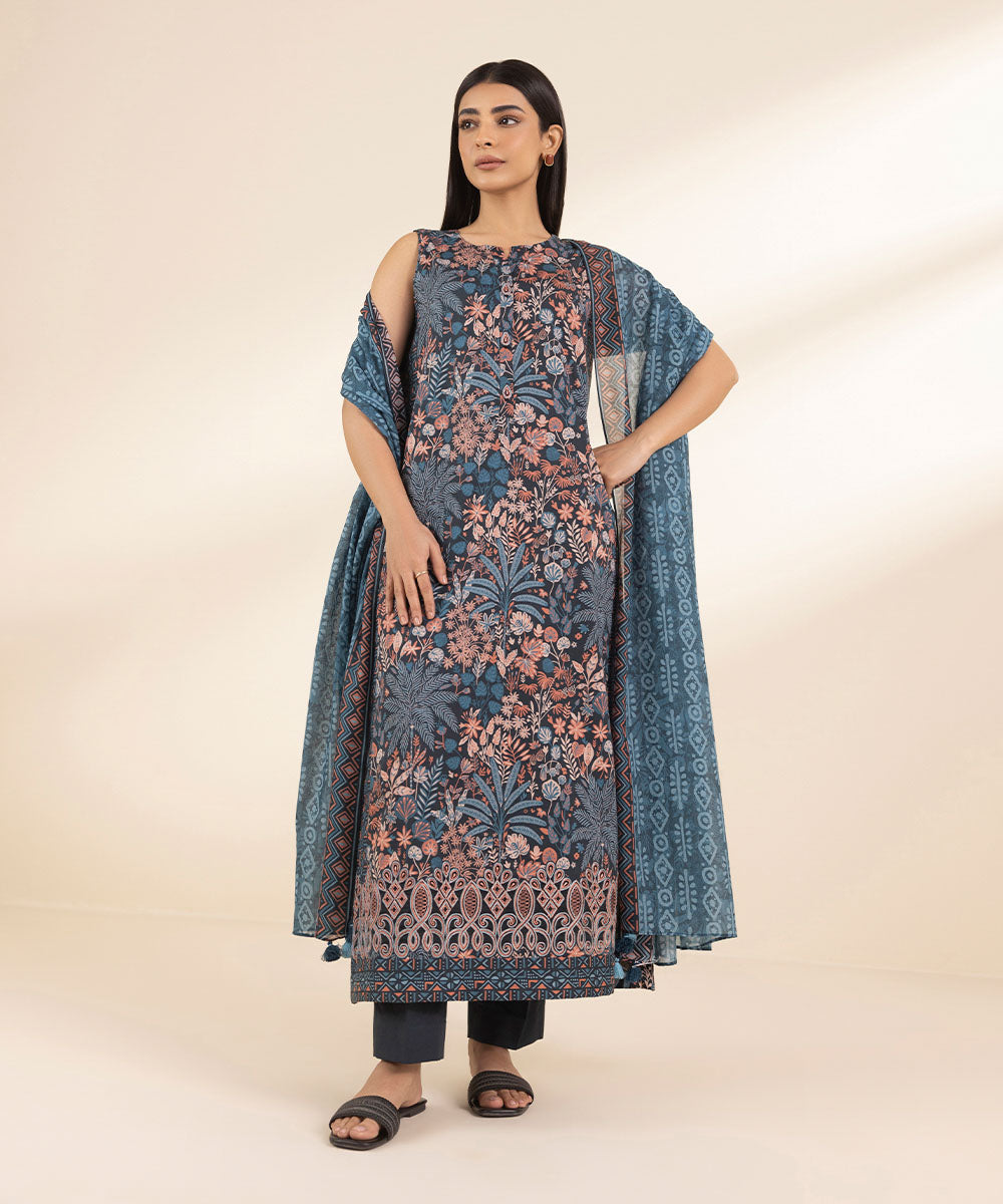 Unstitched Women's Embroidered Lawn Blue Shirt Dupatta