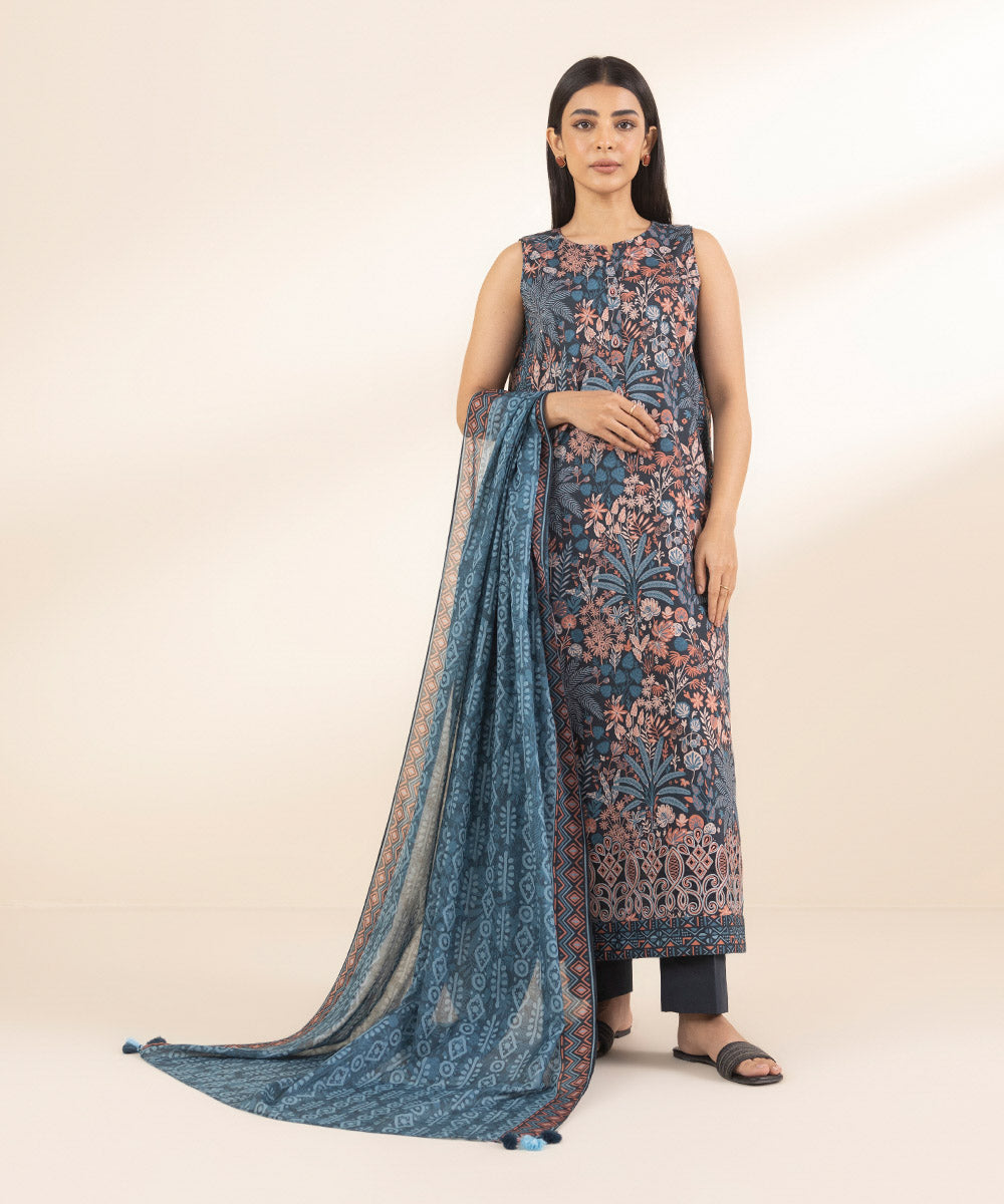 Unstitched Women's Embroidered Lawn Blue Shirt Dupatta