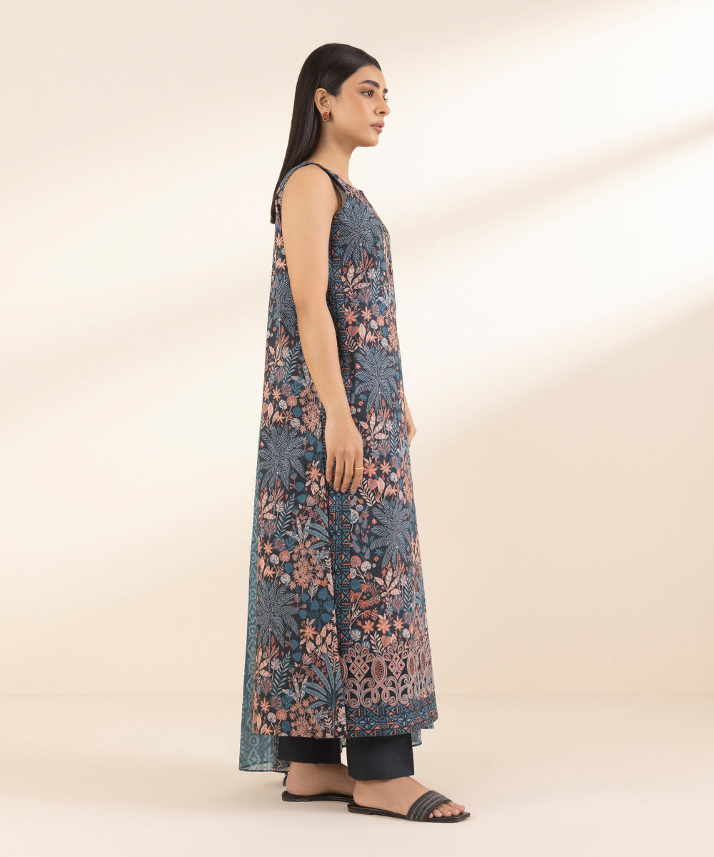 Unstitched Women's Embroidered Lawn Blue Shirt Dupatta
