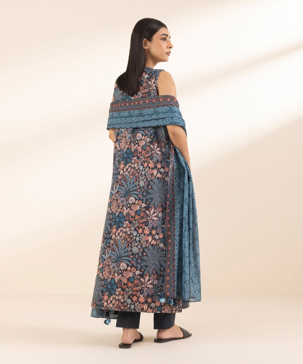 Unstitched Women's Embroidered Lawn Blue Shirt Dupatta