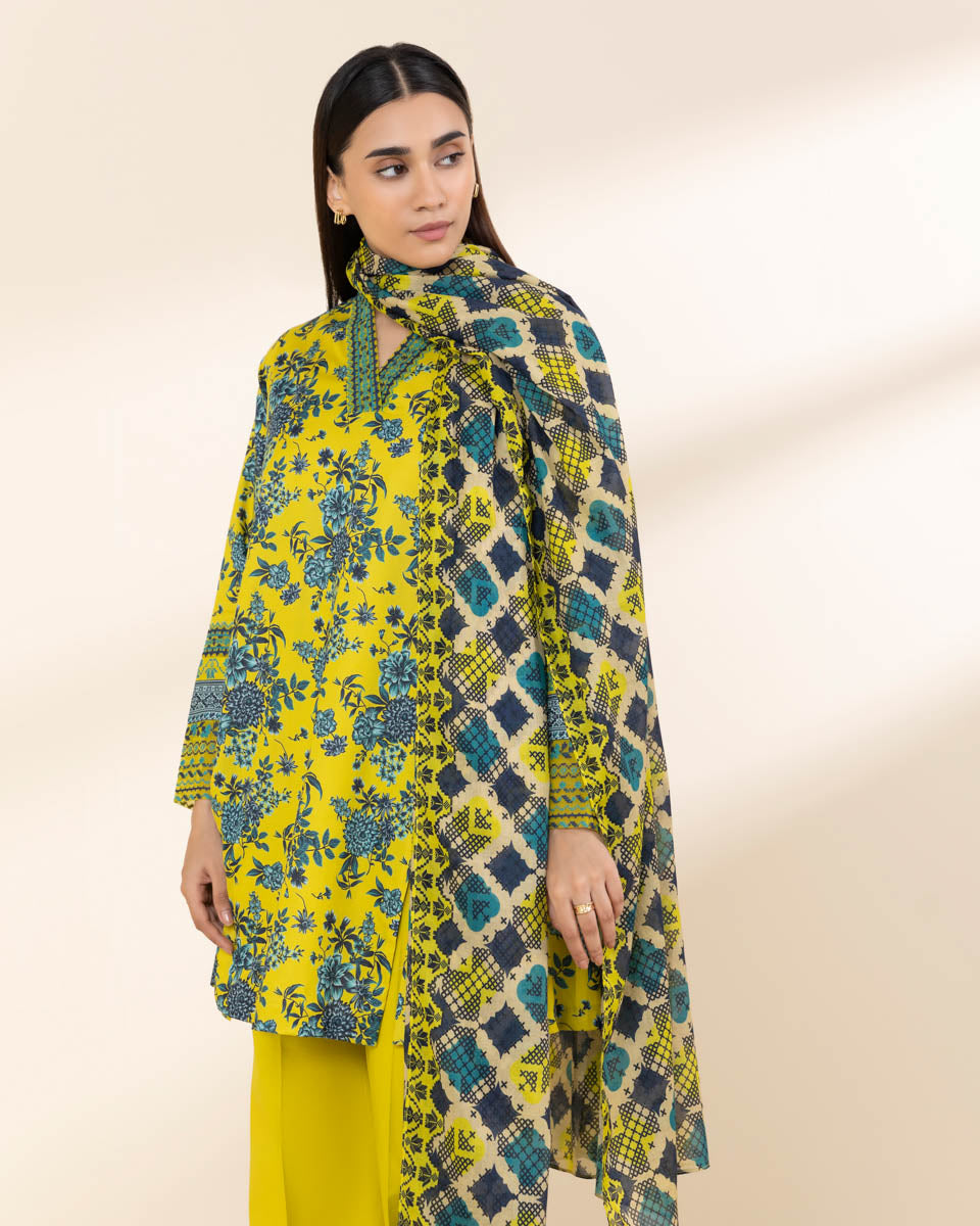 Unstitched Women's Yellow Lawn Embroidered Shirt Dupatta