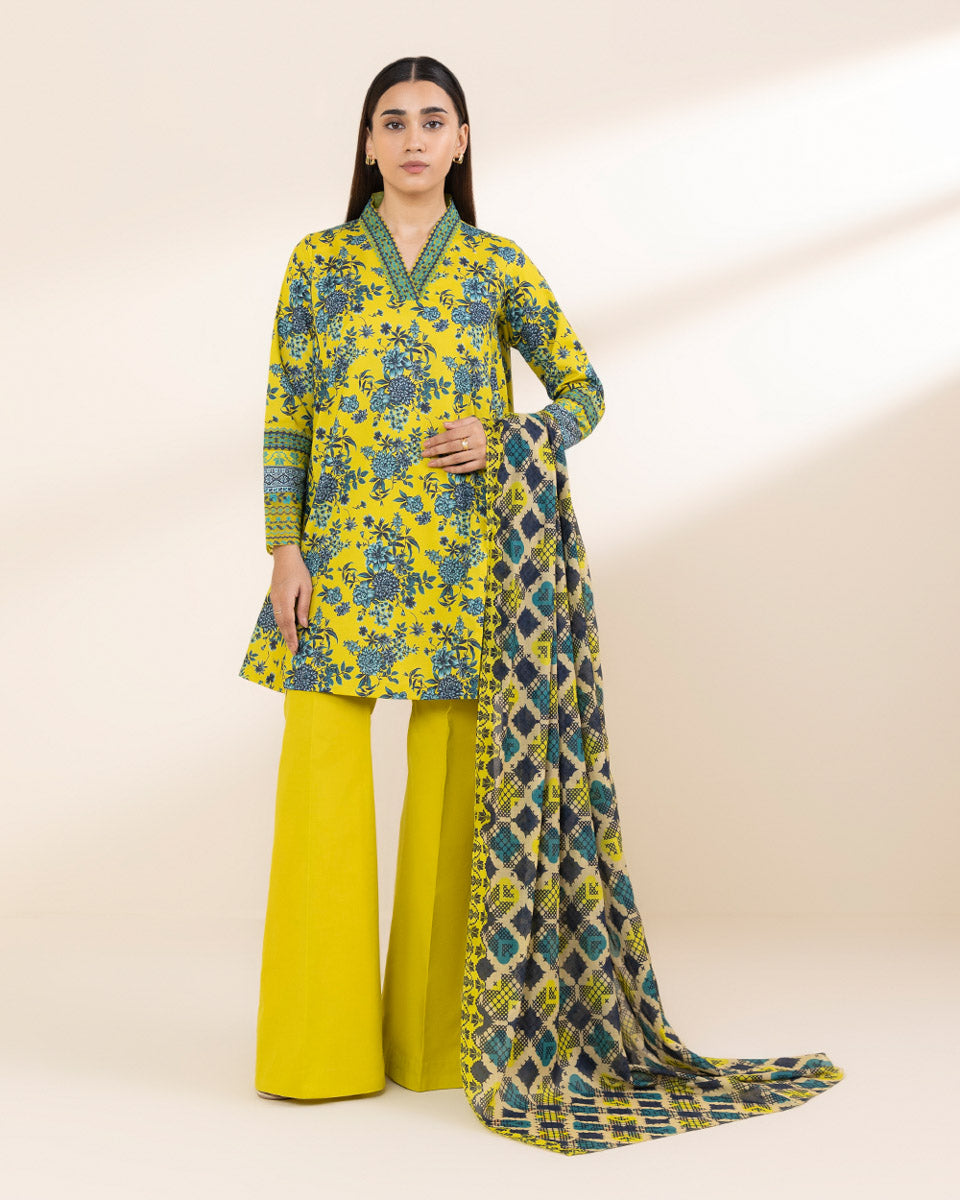 Unstitched Women's Yellow Lawn Embroidered Shirt Dupatta