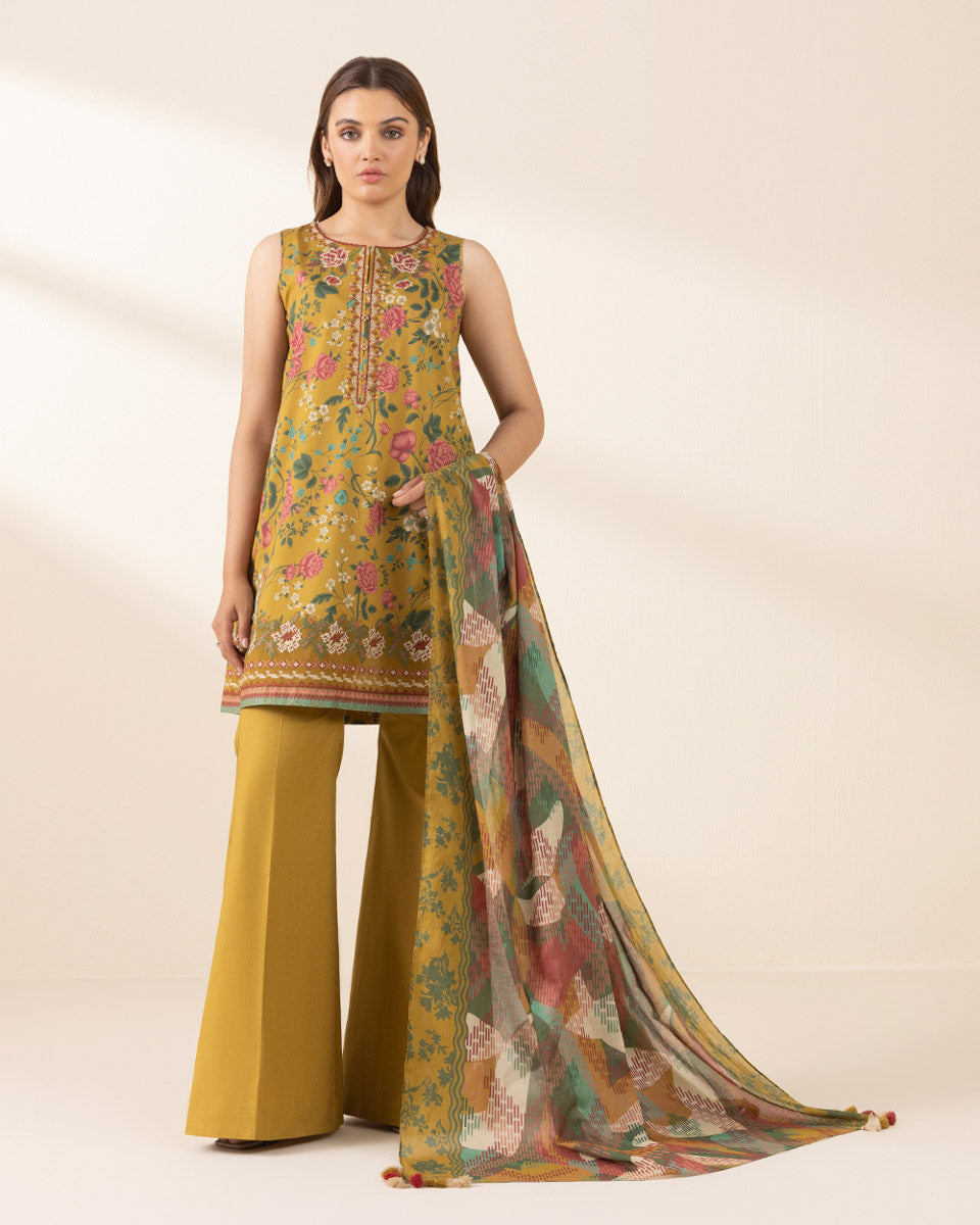 Unstitched Women's Yellow Lawn Embroidered Shirt Dupatta
