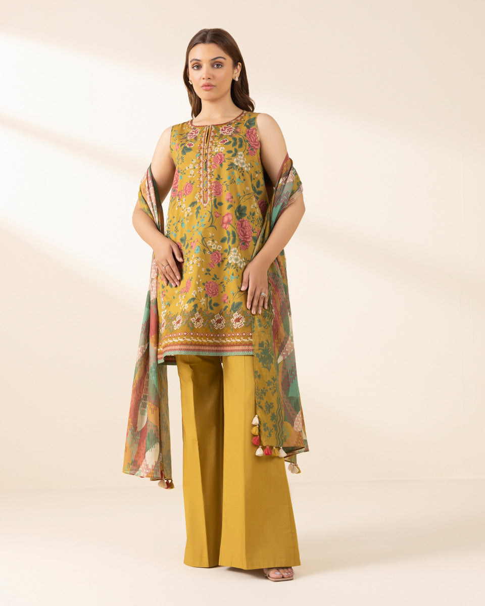 Unstitched Women's Yellow Lawn Embroidered Shirt Dupatta
