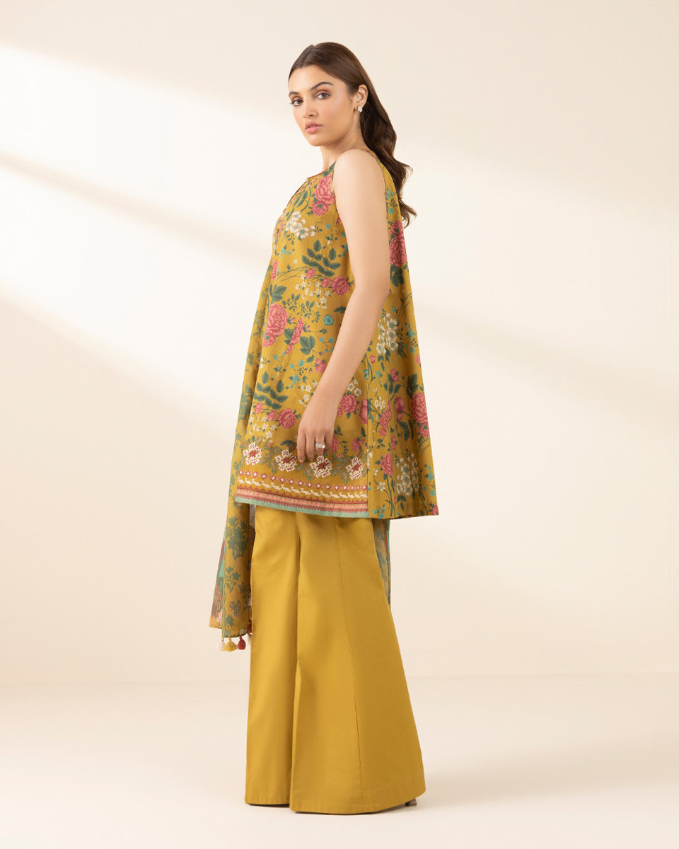 Unstitched Women's Yellow Lawn Embroidered Shirt Dupatta
