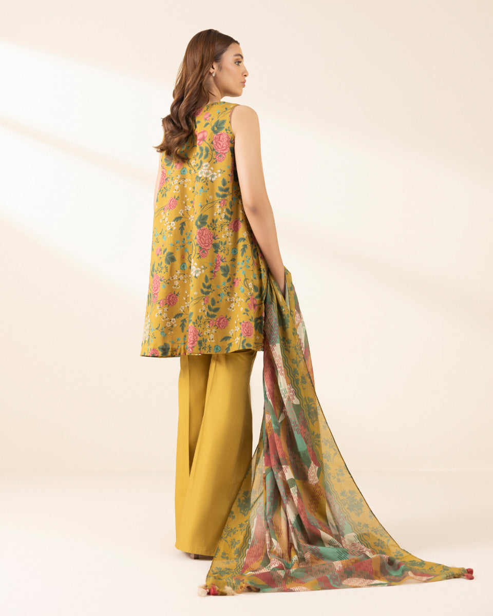 Unstitched Women's Yellow Lawn Embroidered Shirt Dupatta