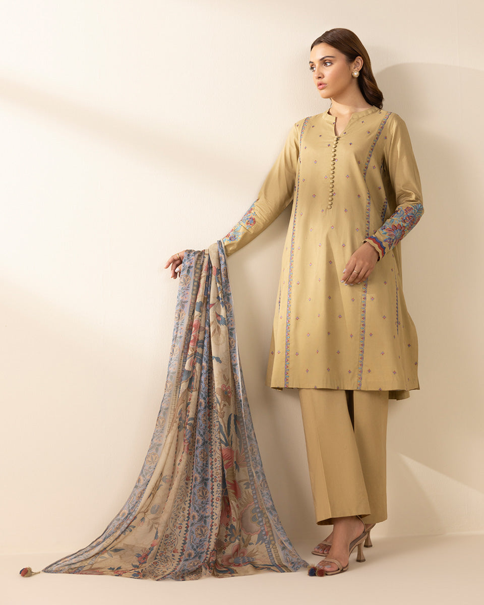 Women's Unstitched Textured Lawn Embroidered Beige 2 Piece Suit