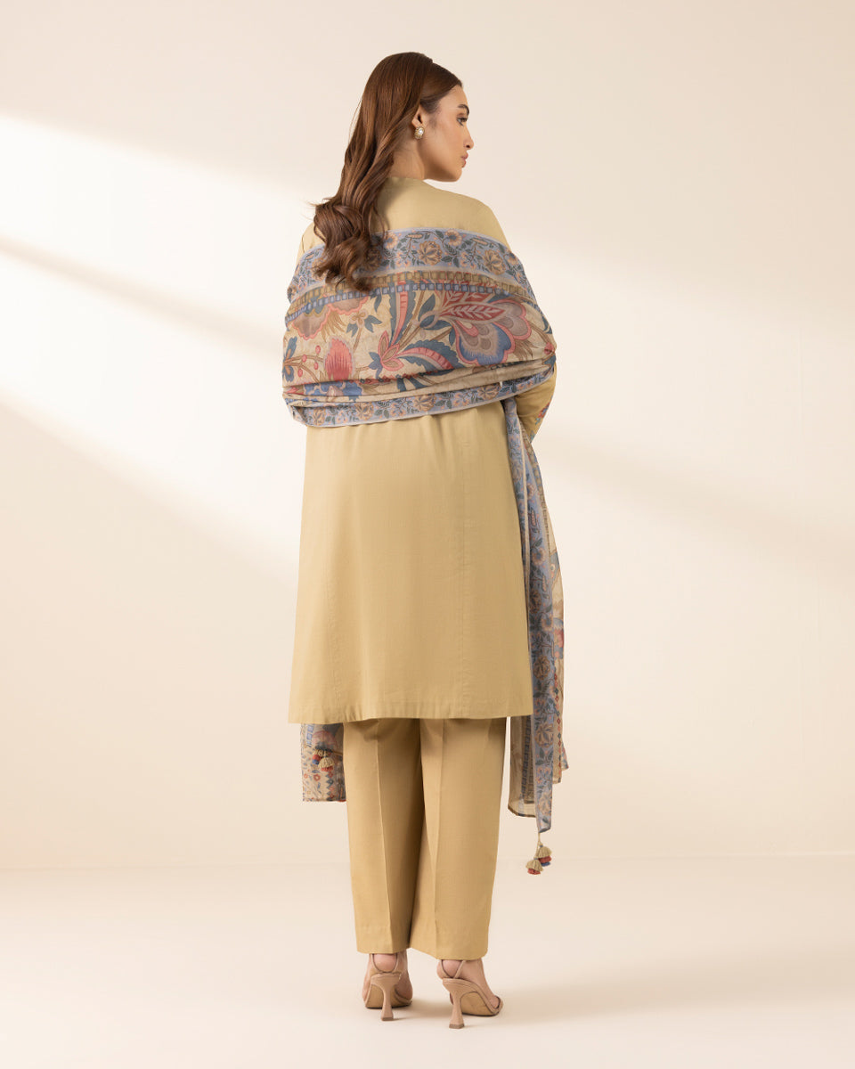Women's Unstitched Textured Lawn Embroidered Beige 2 Piece Suit