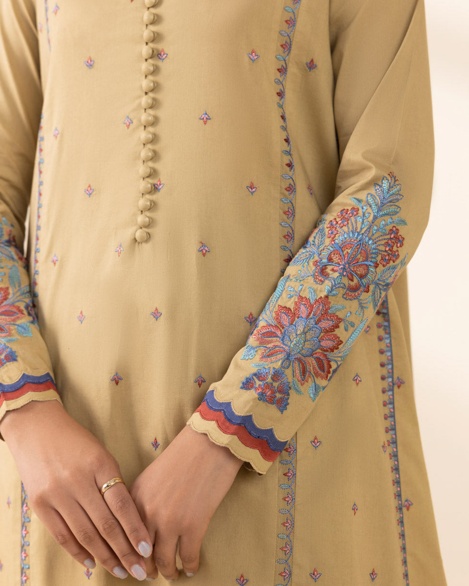 Women's Unstitched Textured Lawn Embroidered Beige 2 Piece Suit