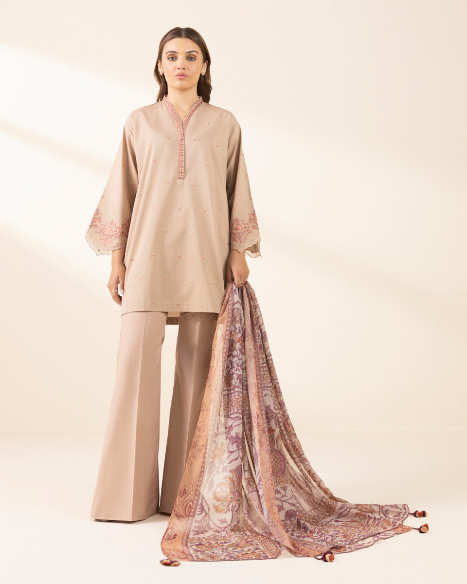 Unstitched Women's Beige Textured Lawn Shirt Dupatta