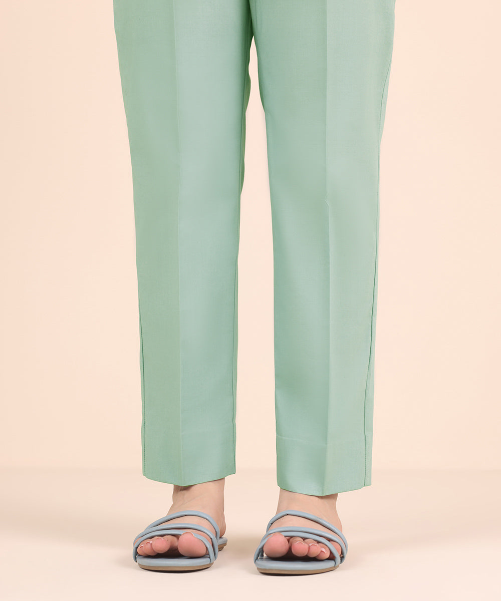 Unstitched Women's Solid Cotton Green Trousers