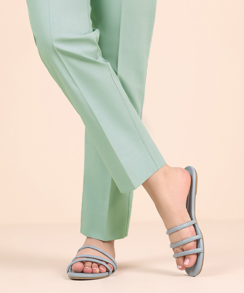 Unstitched Women's Solid Cotton Green Trousers