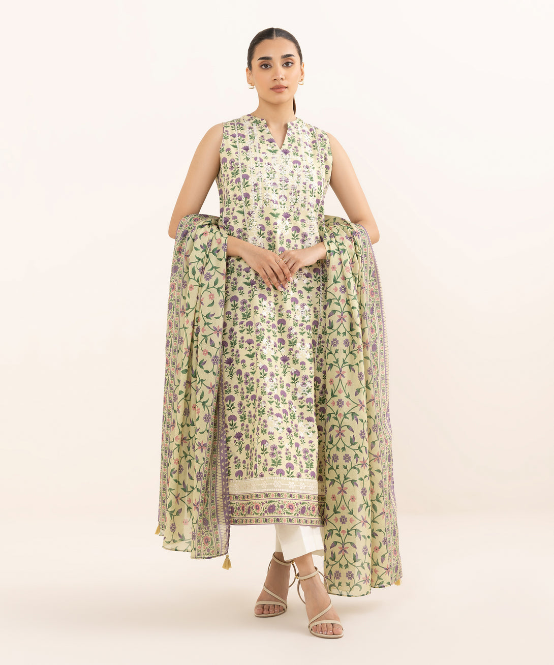 Women's Unstitched Cotton Embroidered Multi Two Piece Suit