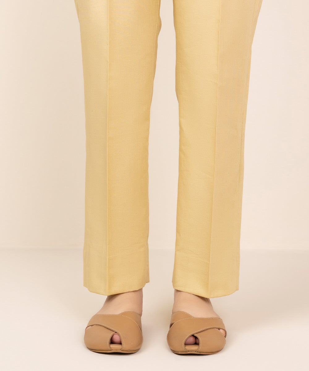 Women's Unstitched Cotton Solid Beige Trousers Fabric