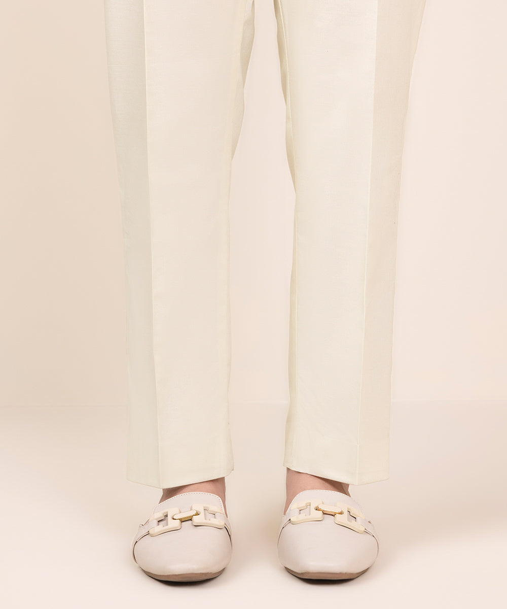 Women's Unstitched Cotton Solid Off White Trousers Fabric