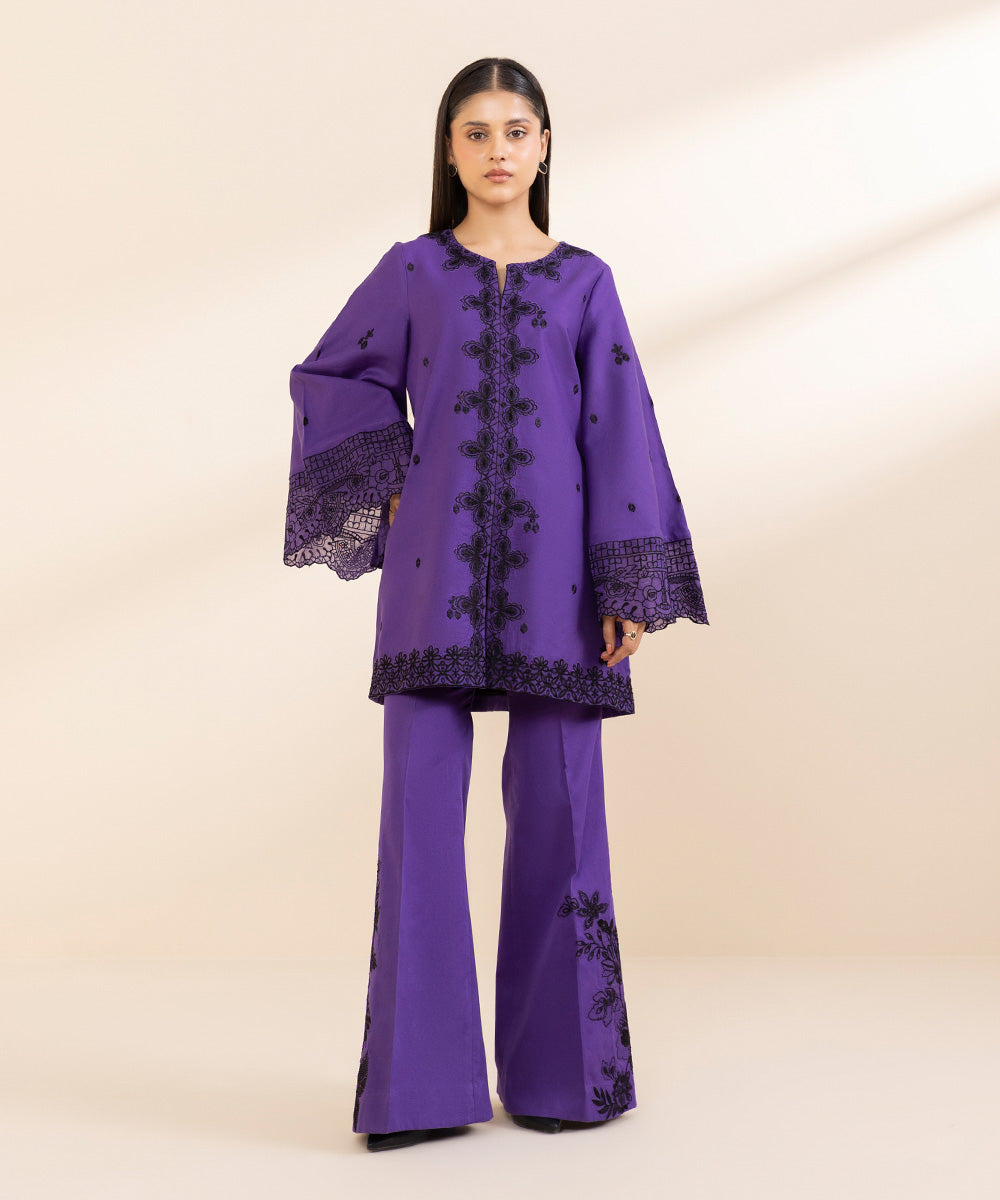 Women's Unstitched Embroidered Purplish Blue Cambric Shirt and Trousers