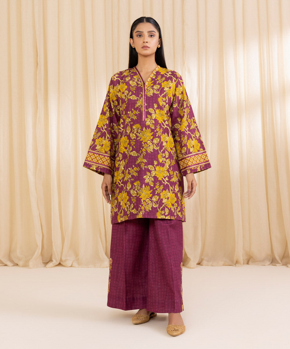 Women's Unstitched Embroidered Yellow & Magenta Khaddar Shirt and Trousers