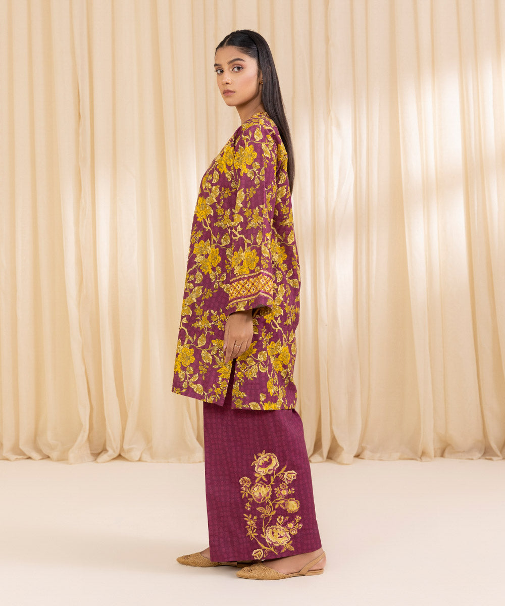 Women's Unstitched Embroidered Yellow & Magenta Khaddar Shirt and Trousers