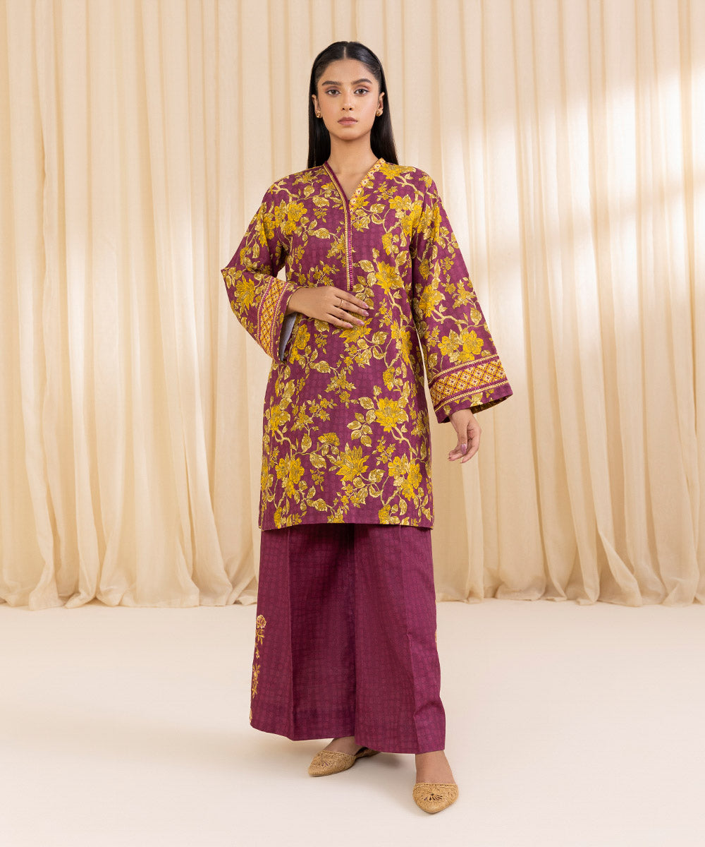 Women's Unstitched Embroidered Yellow & Magenta Khaddar Shirt and Trousers