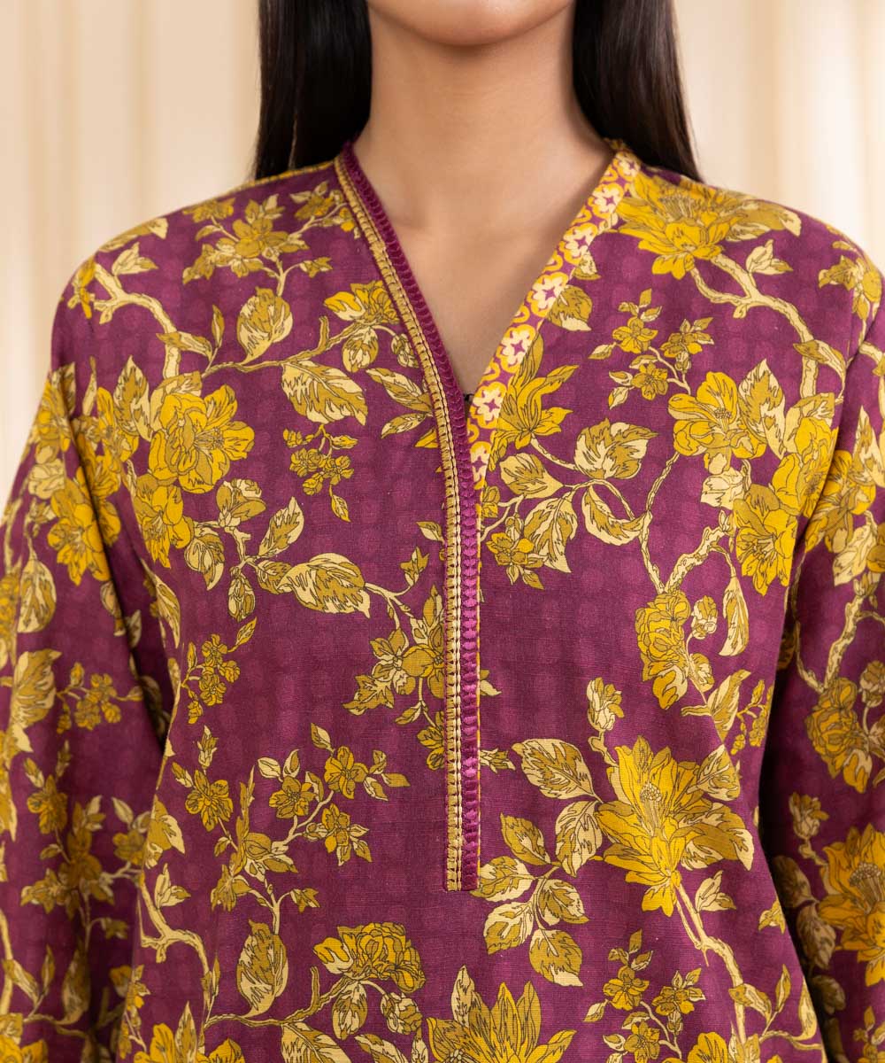 Women's Unstitched Embroidered Yellow & Magenta Khaddar Shirt and Trousers