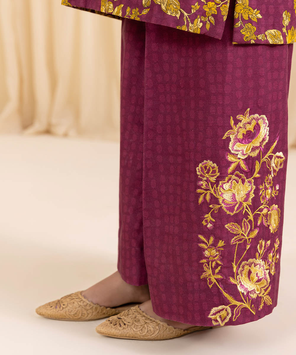 Women's Unstitched Embroidered Yellow & Magenta Khaddar Shirt and Trousers