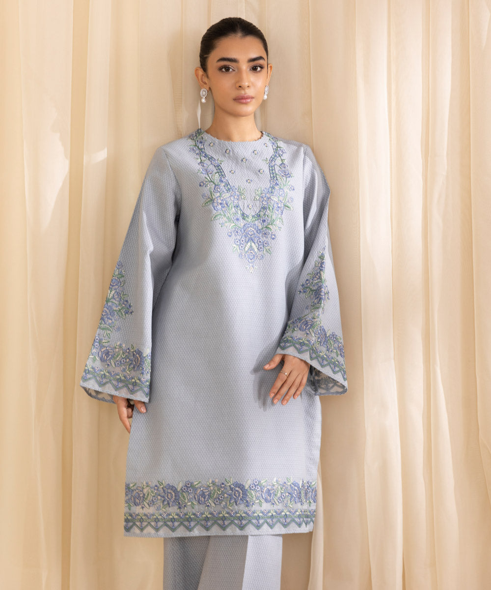 Women's Unstitched Embroidered Blue Gray Cotton Jacquard Shirt and Trousers