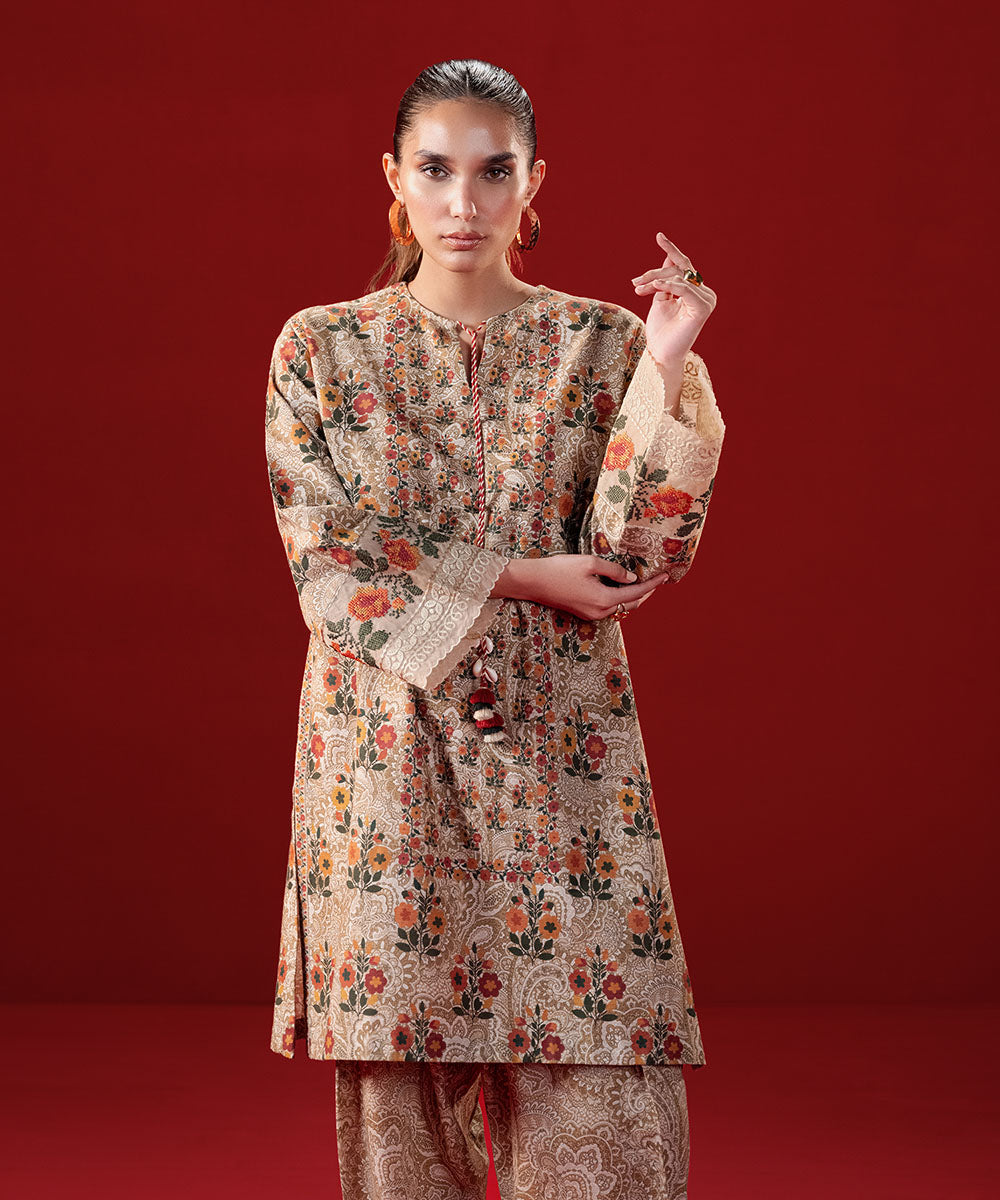 Women's Pret Khaddar Beige Embroidered 2 Piece Suit