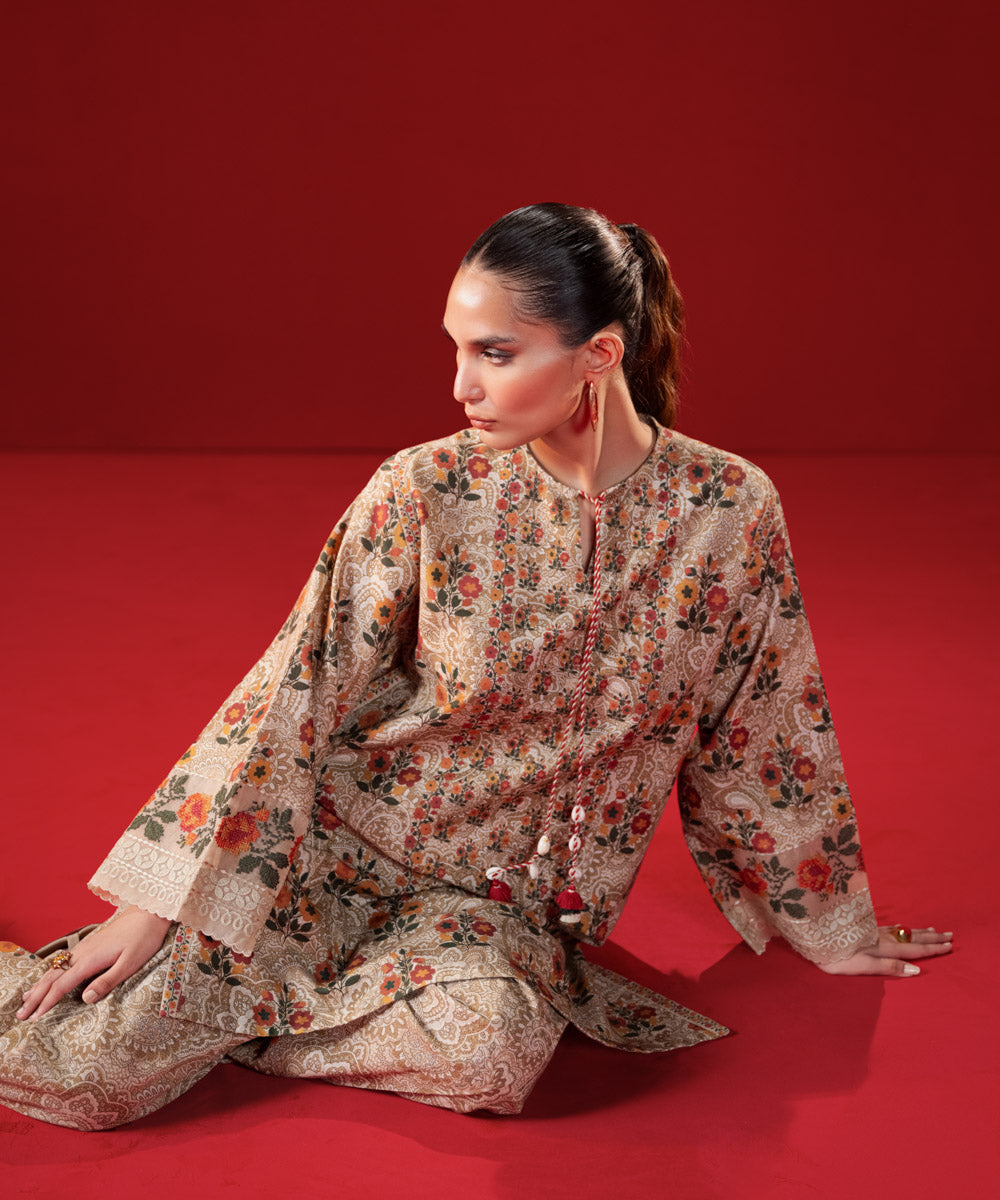 Women's Pret Khaddar Beige Embroidered 2 Piece Suit