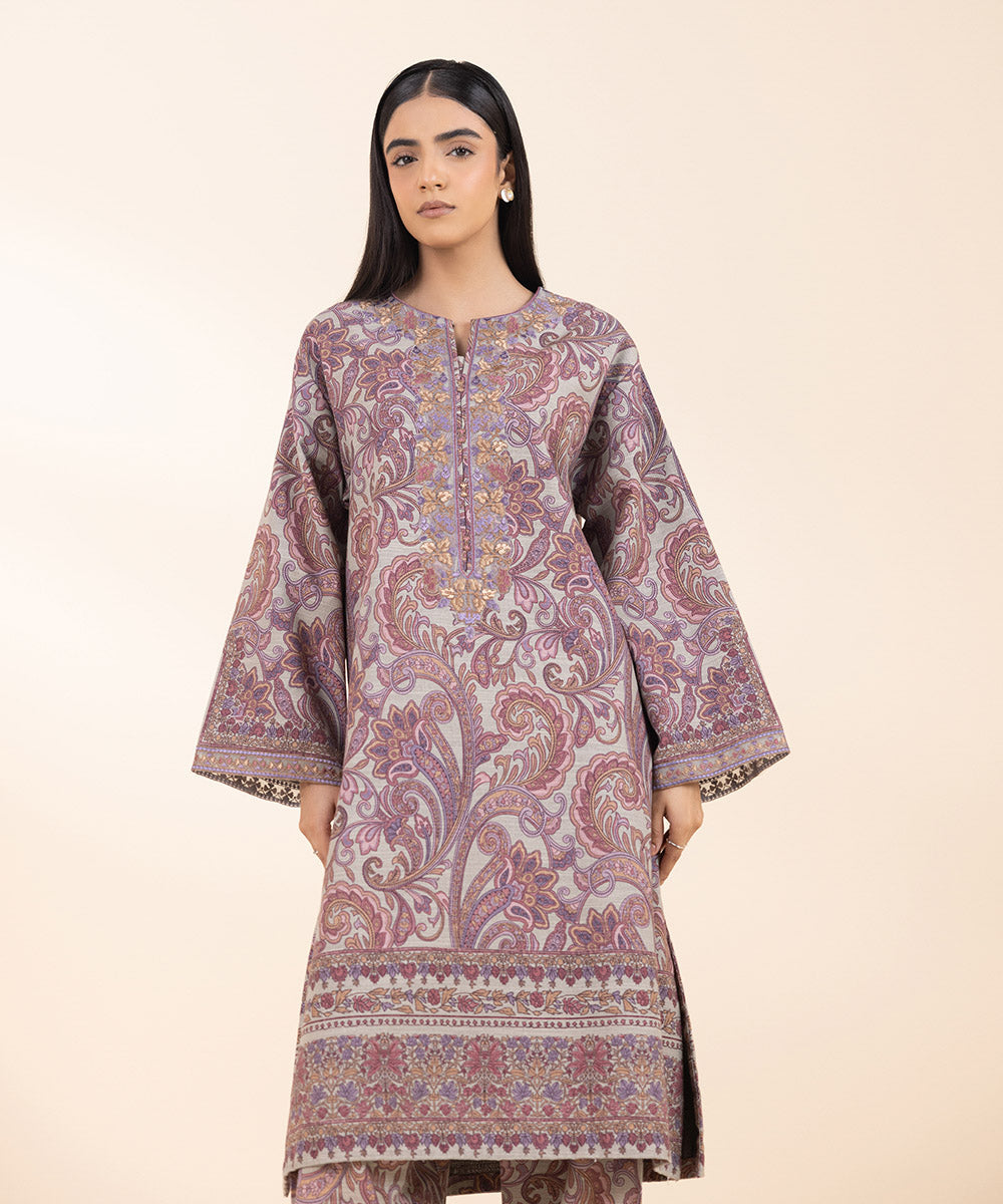 Women's Unstitched Khaddar Embroidered Purple 2 Piece Suit