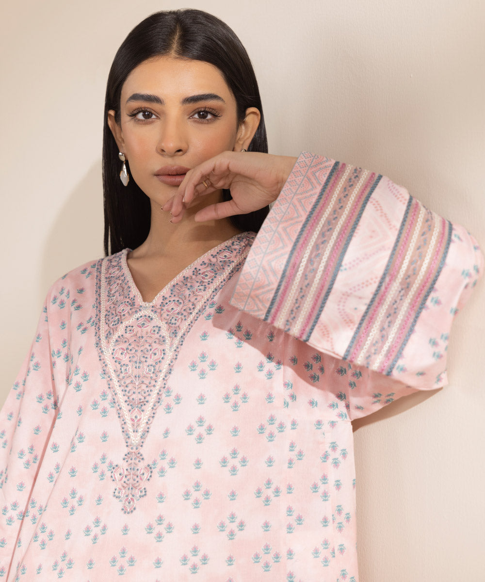 Unstitched Women's Embroidered Lawn Pink Shirt Trousers