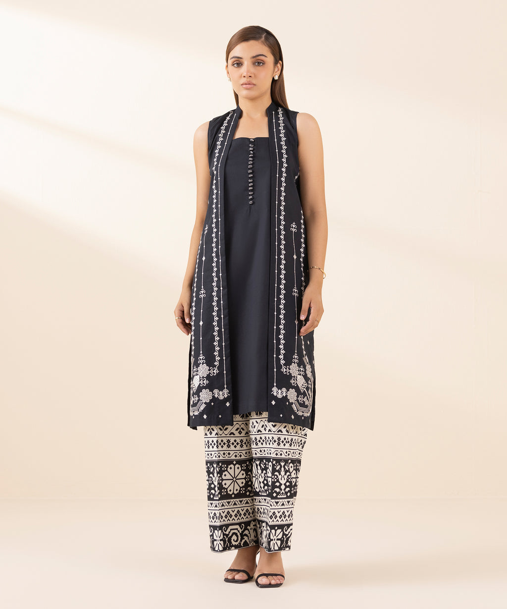 Women's Unstitched Lawn Embroidered Black 2 Piece Suit