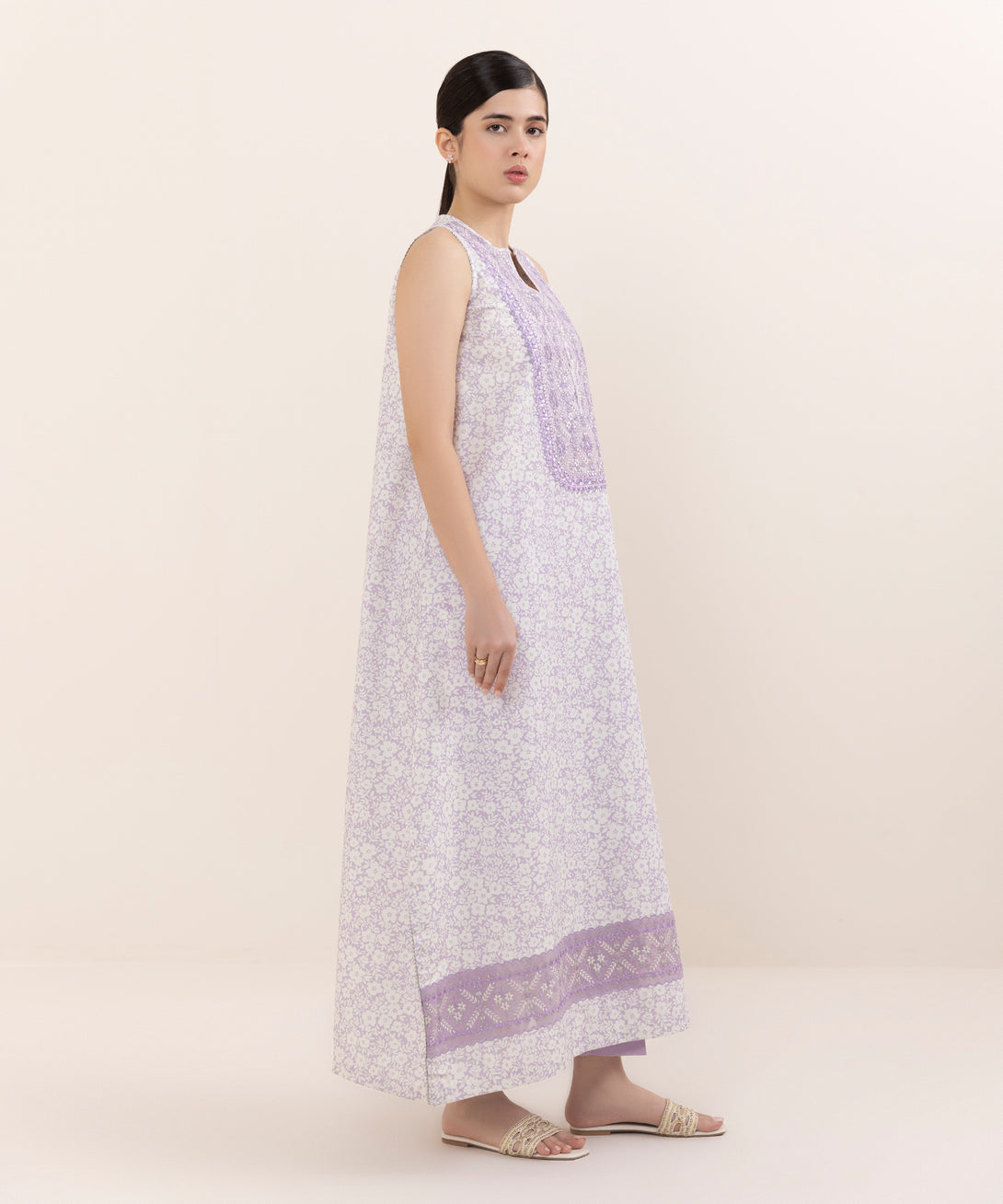 Women's Unstitched Cotton Embroidered Lilac Two Piece Suit