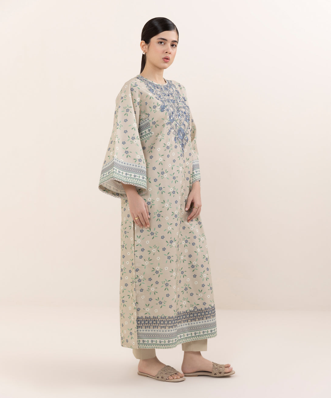 Women's Unstitched Cotton Embroidered Beige  Two Piece Suit