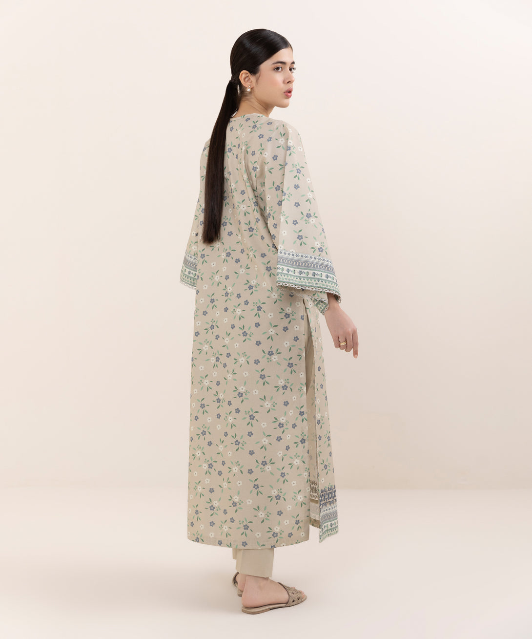 Women's Unstitched Cotton Embroidered Beige  Two Piece Suit