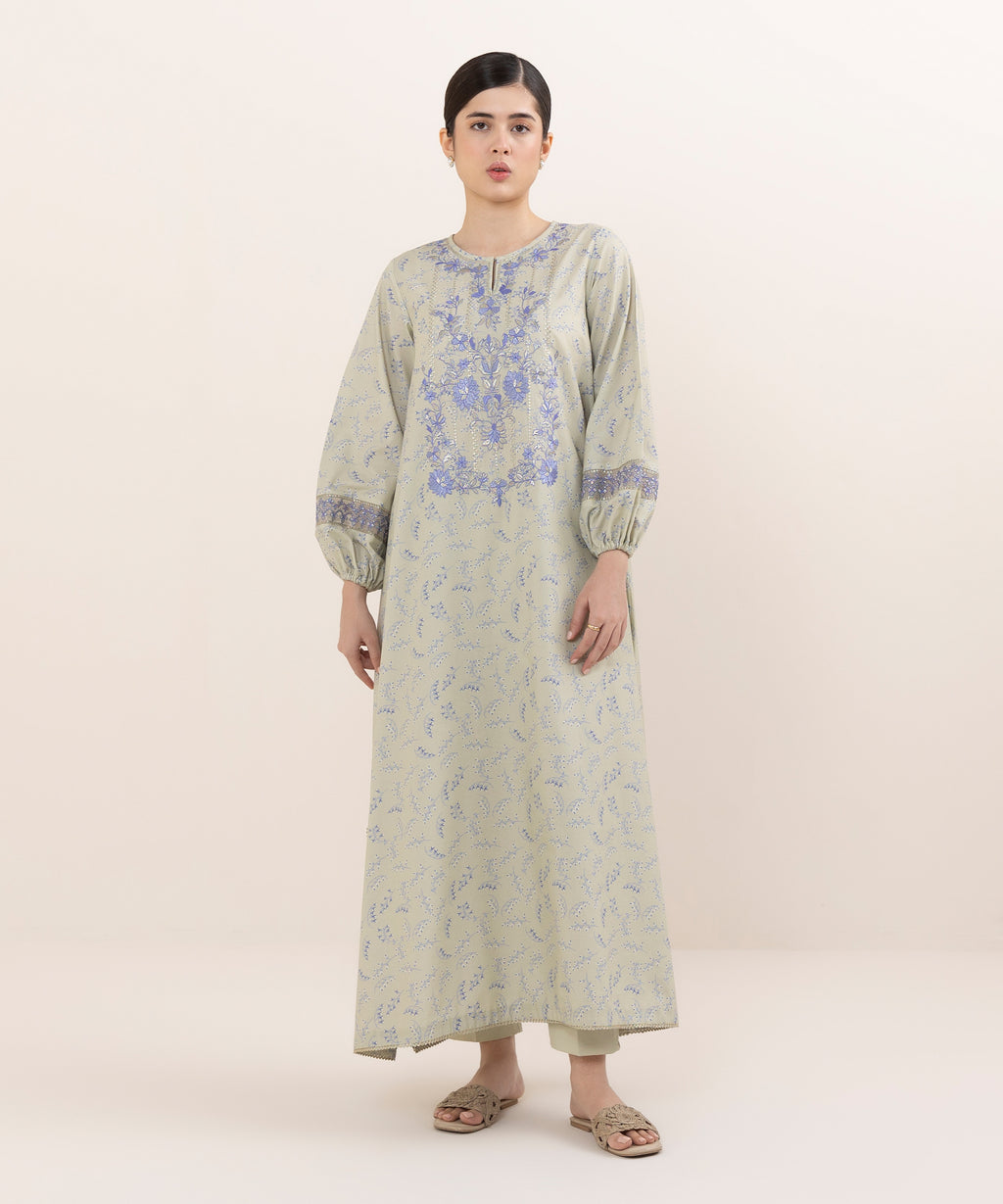Women's Unstitched Cotton Embroidered Green Two Piece Suit