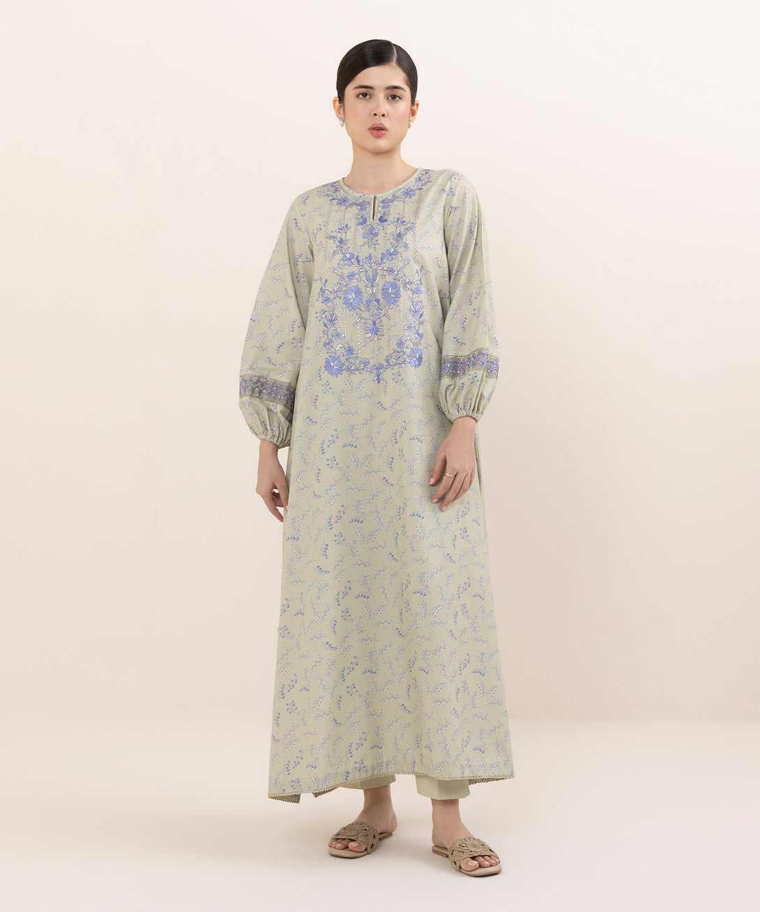 Women's Unstitched Cotton Embroidered Green Two Piece Suit