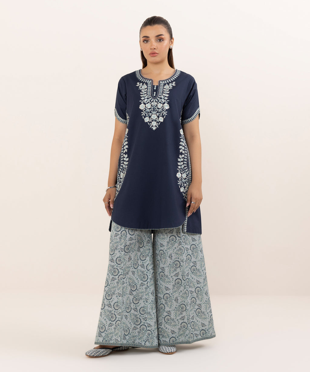 Women's Unstitched Cotton Embroidered Blue Two Piece Suit