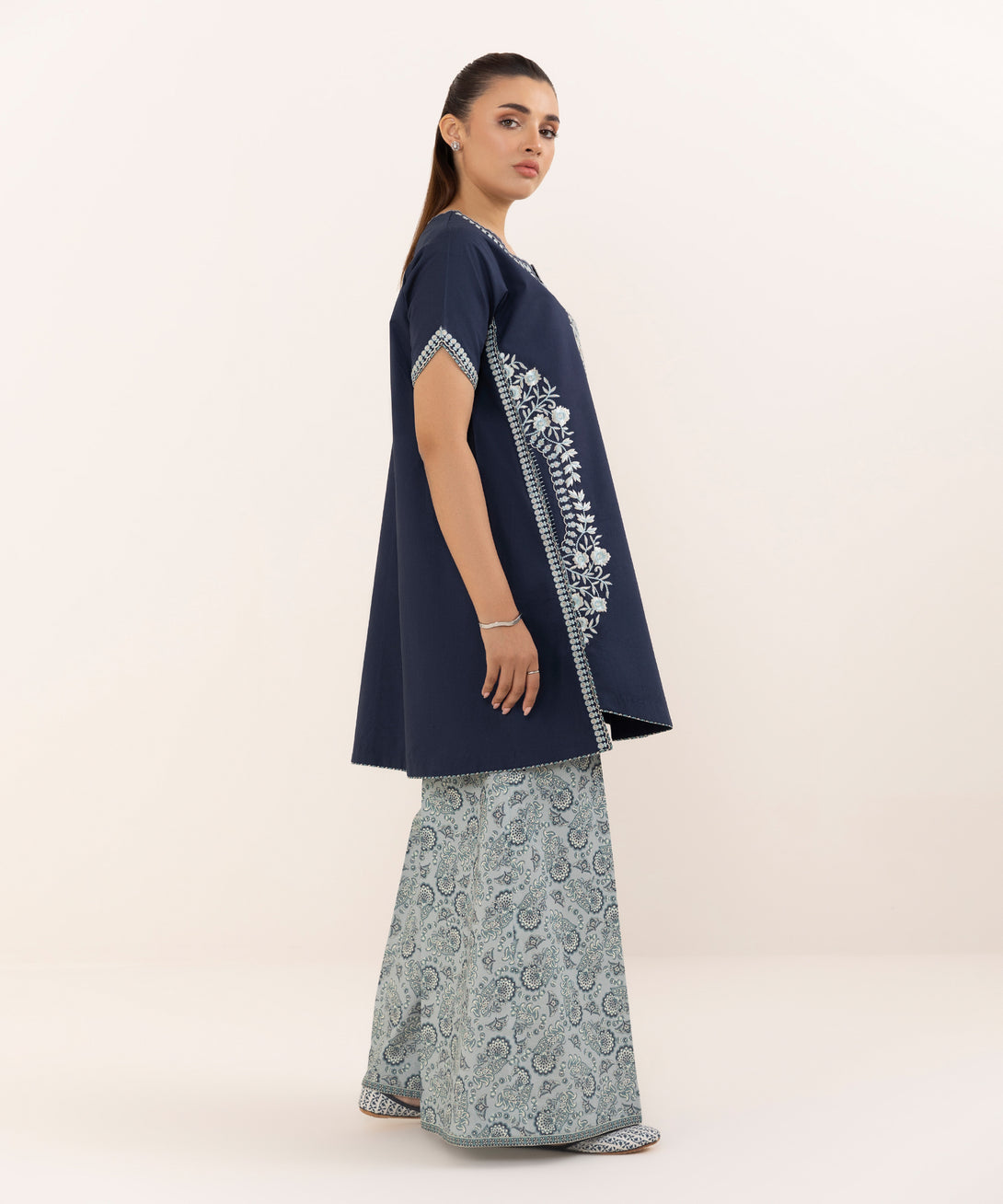 Women's Unstitched Cotton Embroidered Blue Two Piece Suit