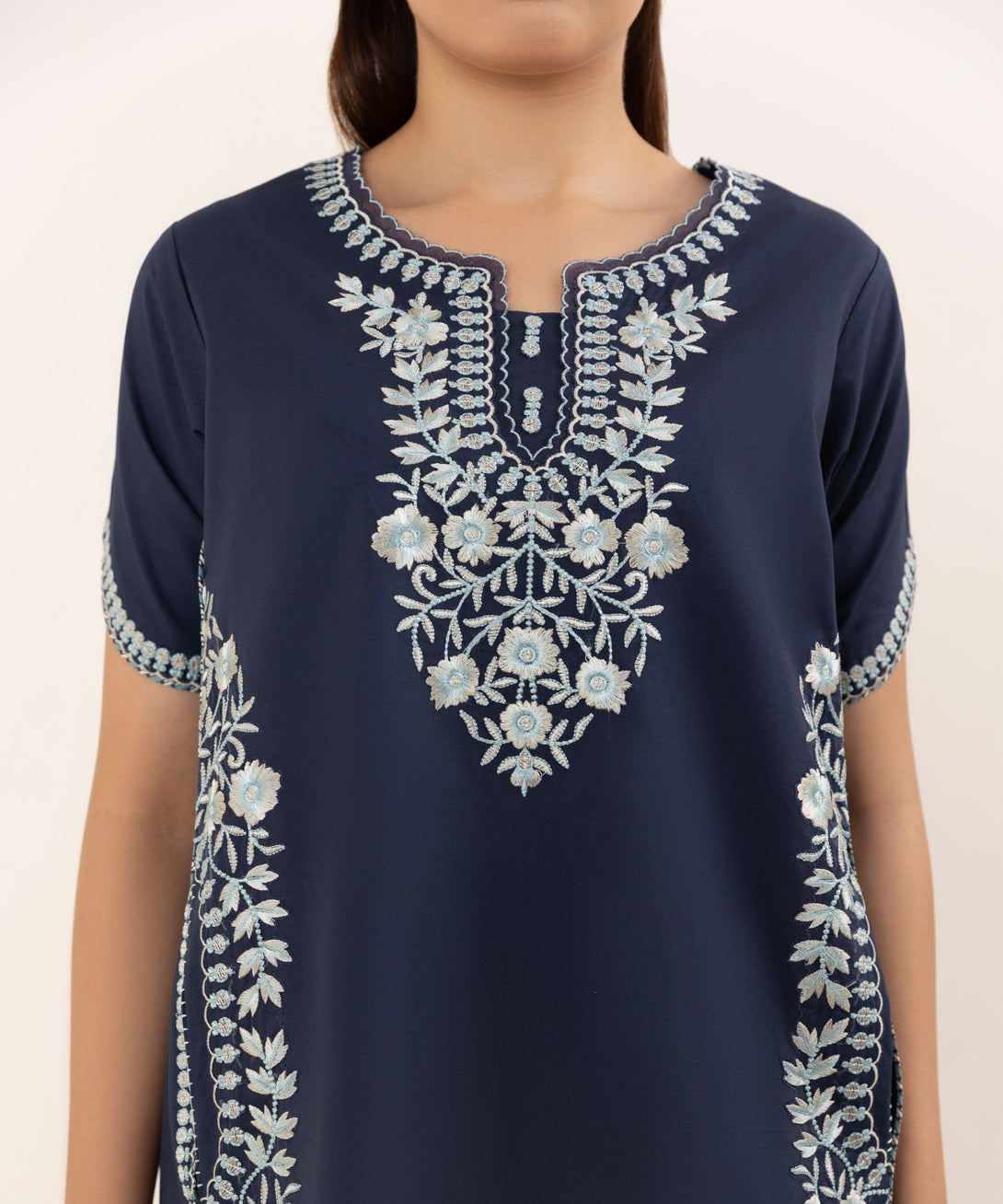 Women's Unstitched Cotton Embroidered Blue Two Piece Suit