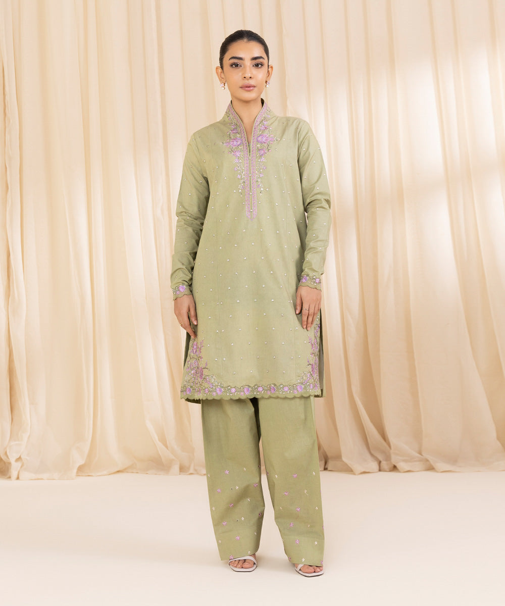 Women's Unstitched Embroidered Pistachio Green Cambric Shirt and Trousers