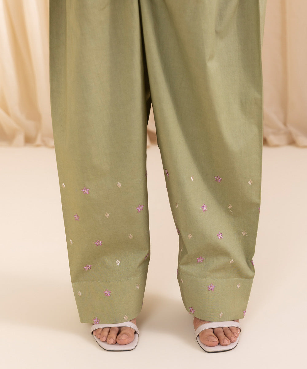 Women's Unstitched Embroidered Pistachio Green Cambric Shirt and Trousers