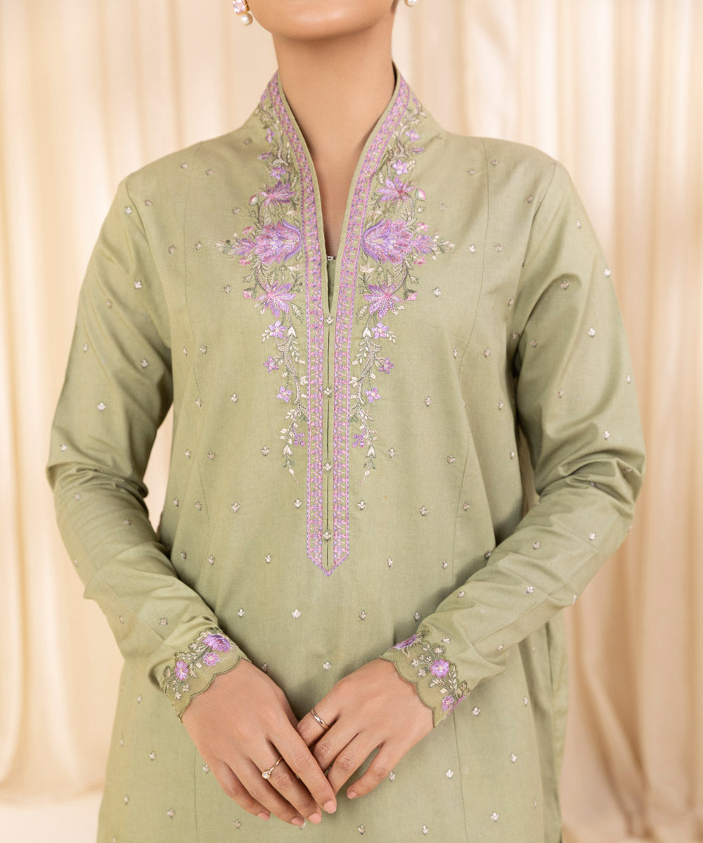 Women's Unstitched Embroidered Pistachio Green Cambric Shirt and Trousers