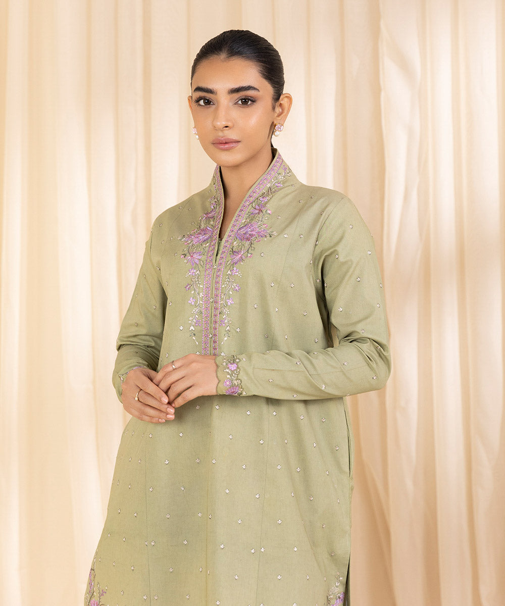 Women's Unstitched Embroidered Pistachio Green Cambric Shirt and Trousers