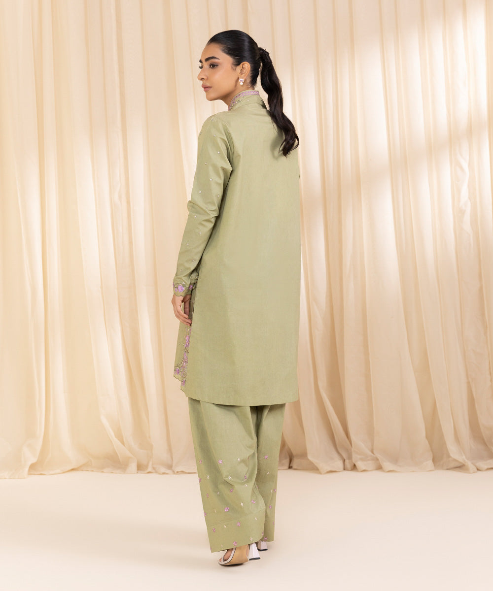 Women's Unstitched Embroidered Pistachio Green Cambric Shirt and Trousers